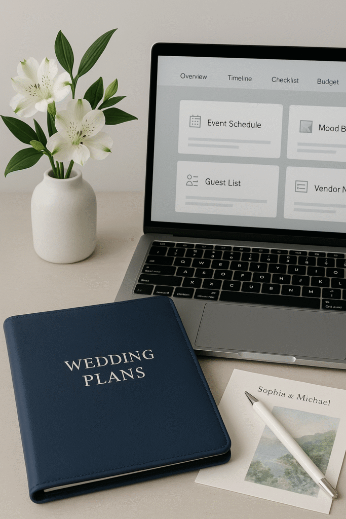 A modern wedding planning workspace featuring a sleek silver MacBook open to a digital planning dashboard with sections for Event Schedule, Mood Board, Guest List, and Vendor Notes. Beside the laptop, a navy leather folder embossed with 'WEDDING PLANS' in white sits on a neutral-toned desk. A minimal white vase holds fresh white alstroemeria flowers, and an elegant white pen rests on a soft-toned wedding invitation card labeled 'Sophia & Michael' with a watercolor landscape design









