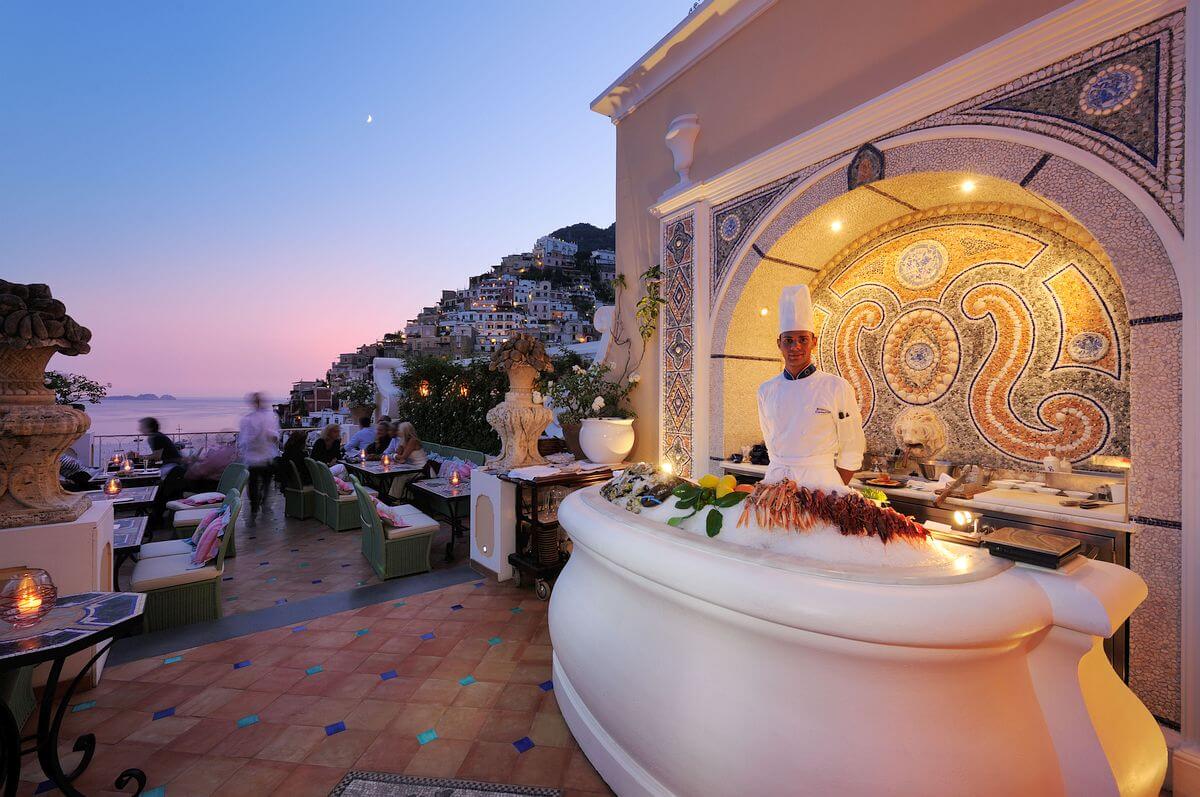 luxury terrace at le sirenuse hotel in positano with sea view