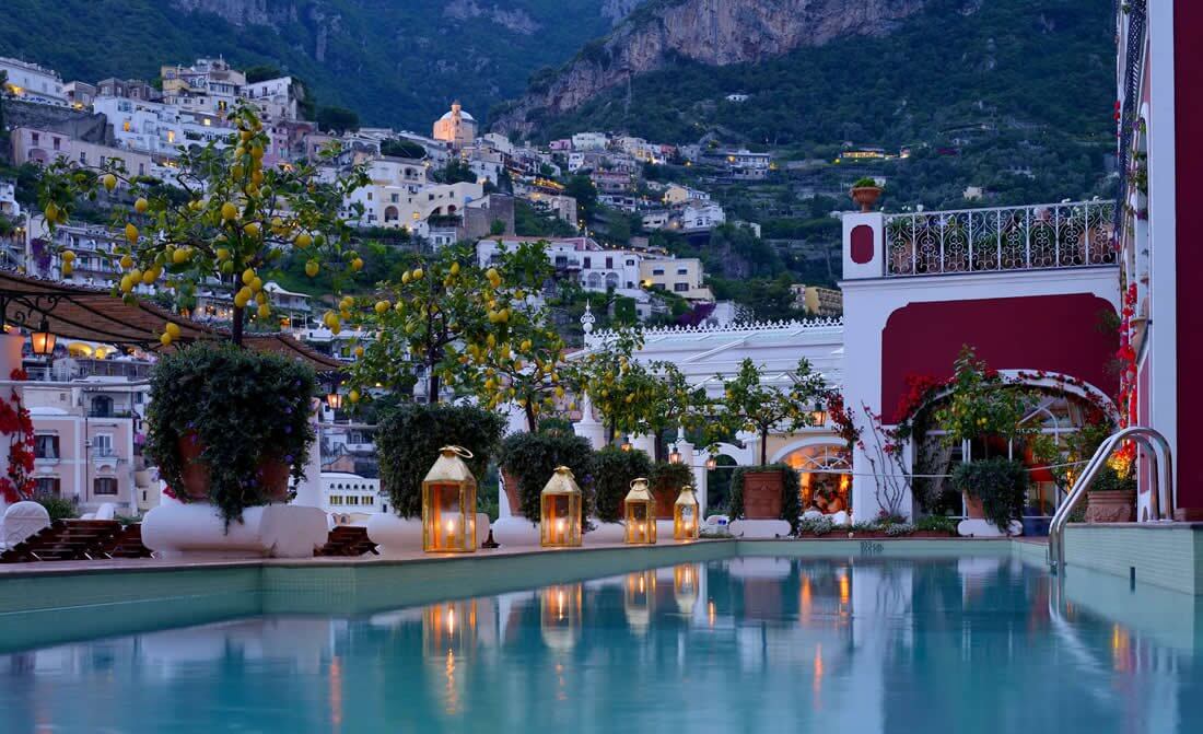 pool terrace illuminated at dusk