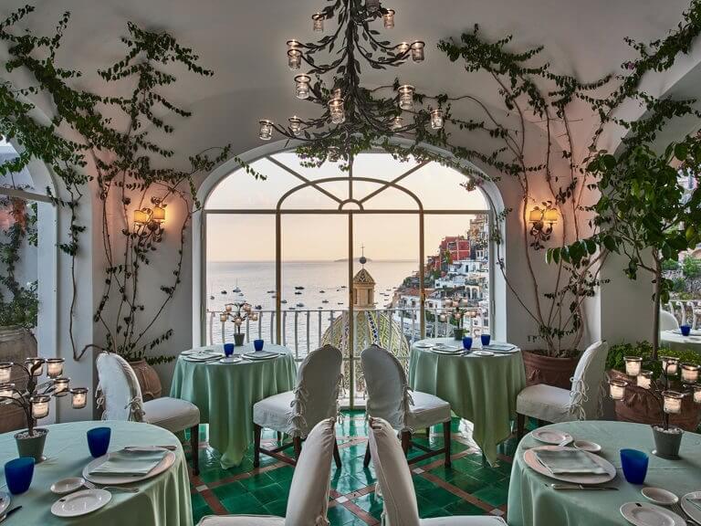 elegant indoor dining at Amalfi Coast Hotel with sea view